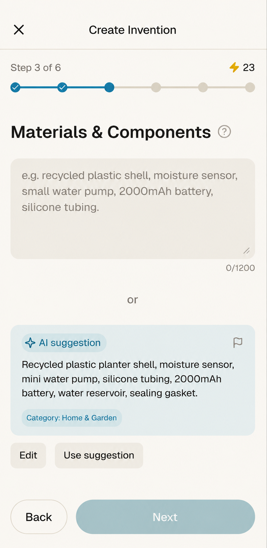 Materials screen